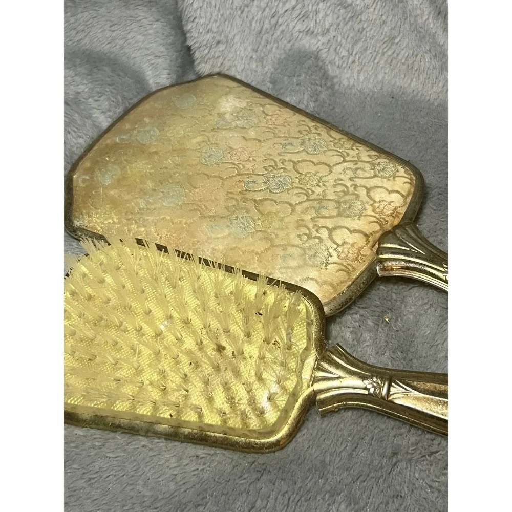 Vintage Gold Vanity Mirror Hair Brush Set Floral Brocade‎ Design Dressing Set